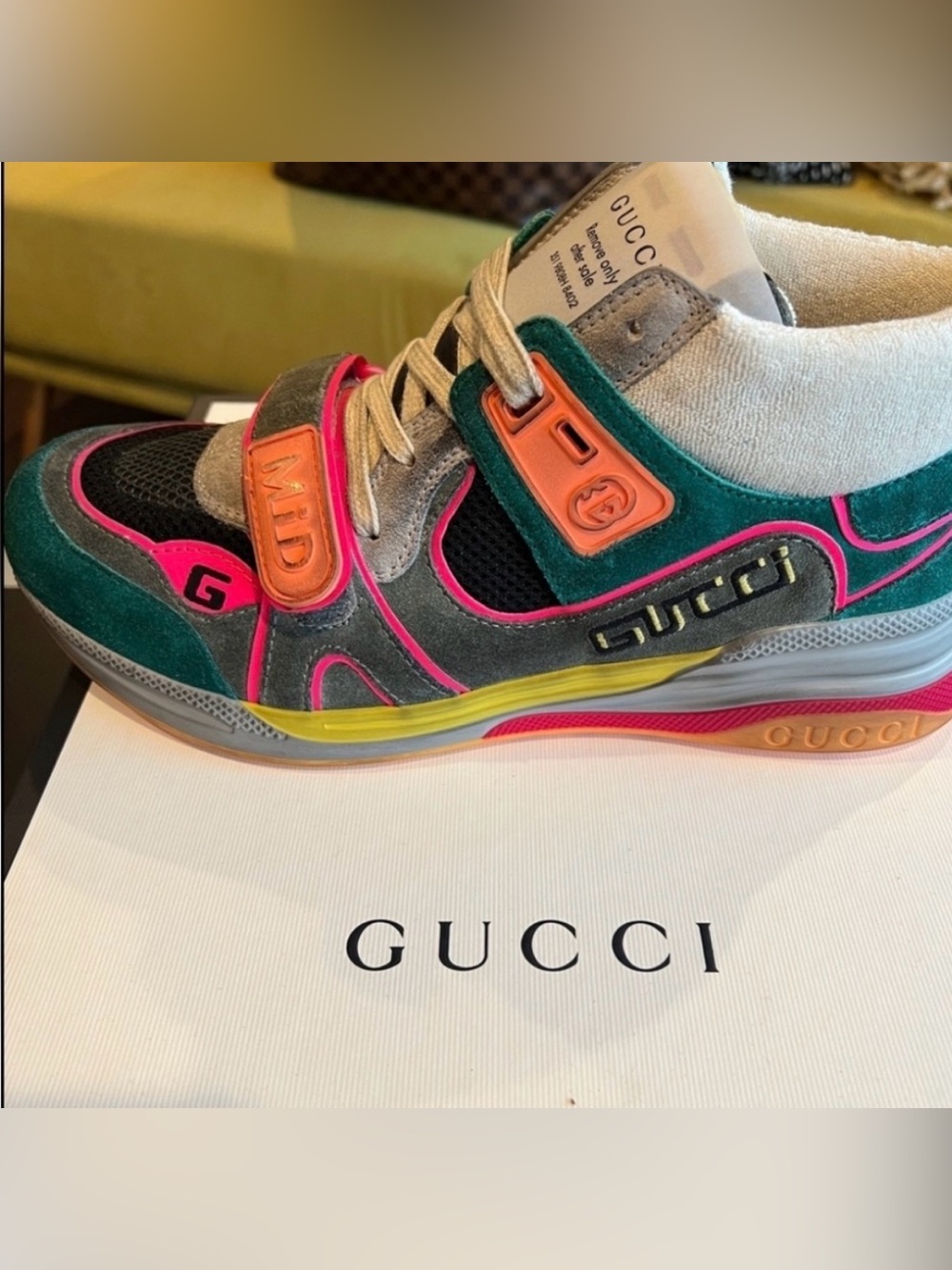 GUCCI Ultrapace Mid Sneakers Green Teal, Pink, Yellow, Gray